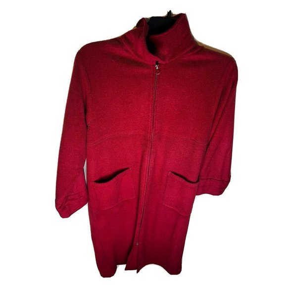 LL Bean Deep Pile Fleece Long Jacket Zip‎ Up in Red Size Medium Petite - Picture 1 of 7